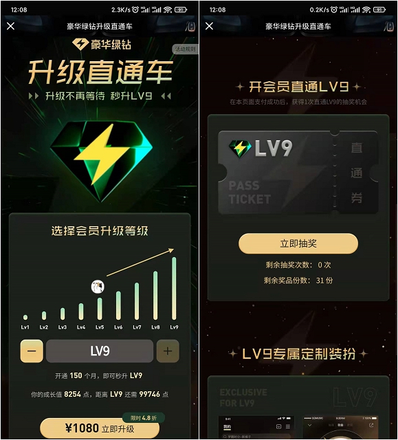 豪华绿钻LV9升级直通车 可秒升LV9